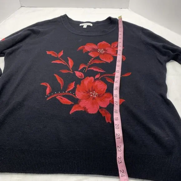 Emily Daniels Black Floral Knit 3/4 Sleeve Pullover Sweater XL Beautiful Classy - Picture 5 of 6